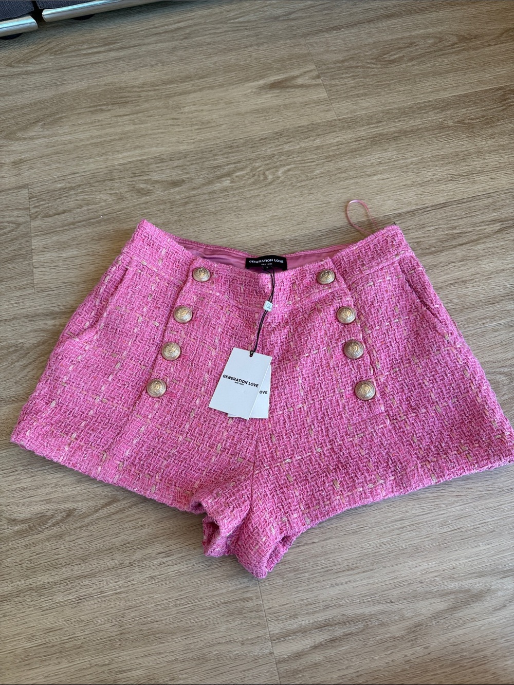 Generation Love Pink Tweed High-Waist Button Shorts